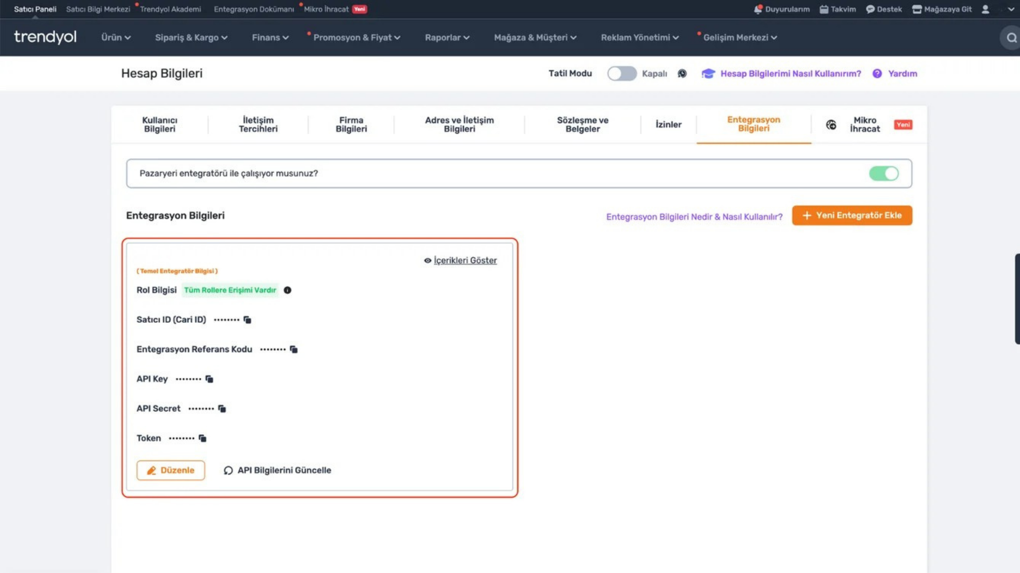 Trendyol Entegrasyon Bilgileri sayfası